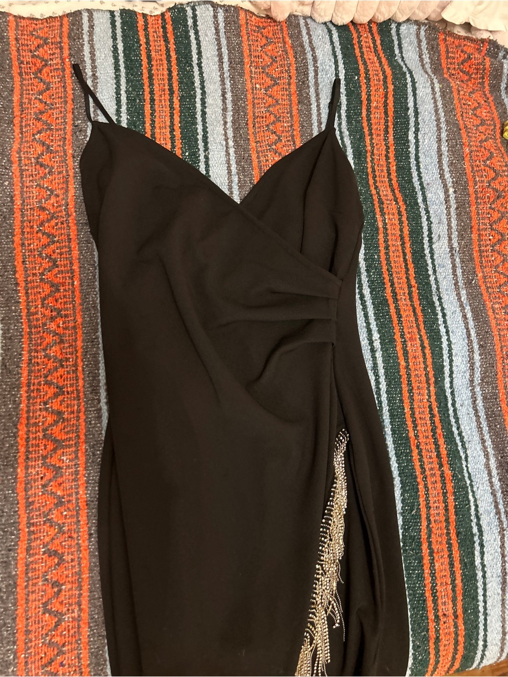 Honey and Rosie Black Asymmetrical Fringe Slip Dress